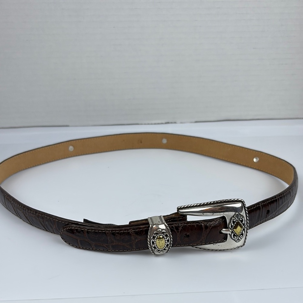 Brighton Belt Size ML/ 32 Leather Brown Silver & Gold Tone Buckle & Tip Western